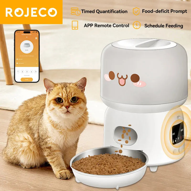 ROJECO 3L WiFi Automatic Cat Feeder Smart Button Cats Food Dispenser For Remote Control Cute Auto Pet Feeder With Stainless Bowl